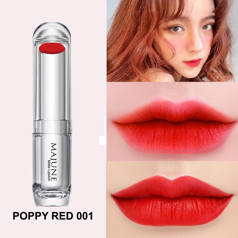 Combo 1 son lỳ lâu trôi màu đỏ tươi Majune Việt Nam số 01 POPPY RED 3.5g/ cây Và 1 gói tẩy da chết Beauskin Hàn 3ml/gói