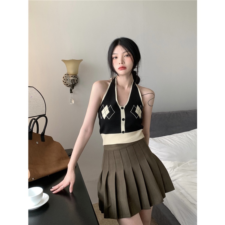 Cocory vn Áo Dệt Kim Hai Dây Ôm Dáng Họa Tiết Kẻ Sọc Caro Màu Tương Phản Quyến Rũ Thời Trang Cho Nữ