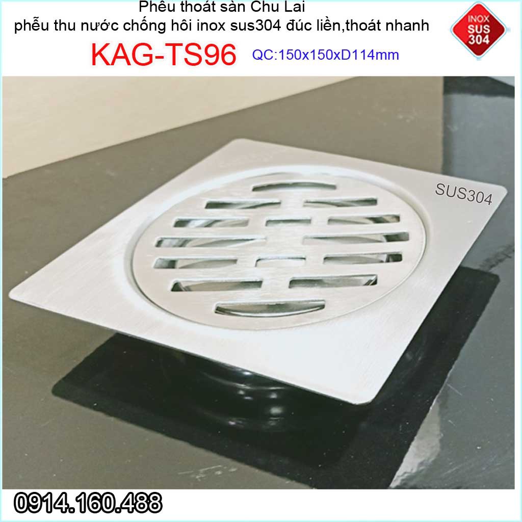 Phễu thoát nước chống hôi 15x15cm KAG-TS96-D114, Thoát sàn Chu Lai ống 11.4cm SUS304 inox đúc dày thoát nhanh chặn tóc t