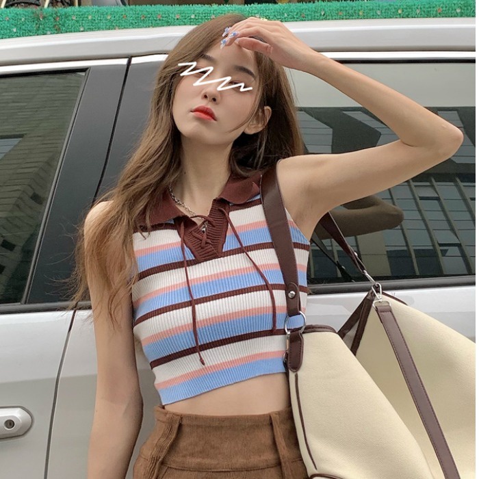 Áo dệt kim ZHELIHANGFEI không tay cổ bẻ họa tiết kẻ sọc phong cách retro thời trang cho nữ