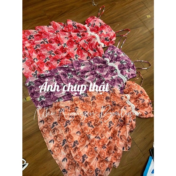 Đầm voan hoa in 3D hai dây 5 tầng phối viền ren cao cấp có mút ngực