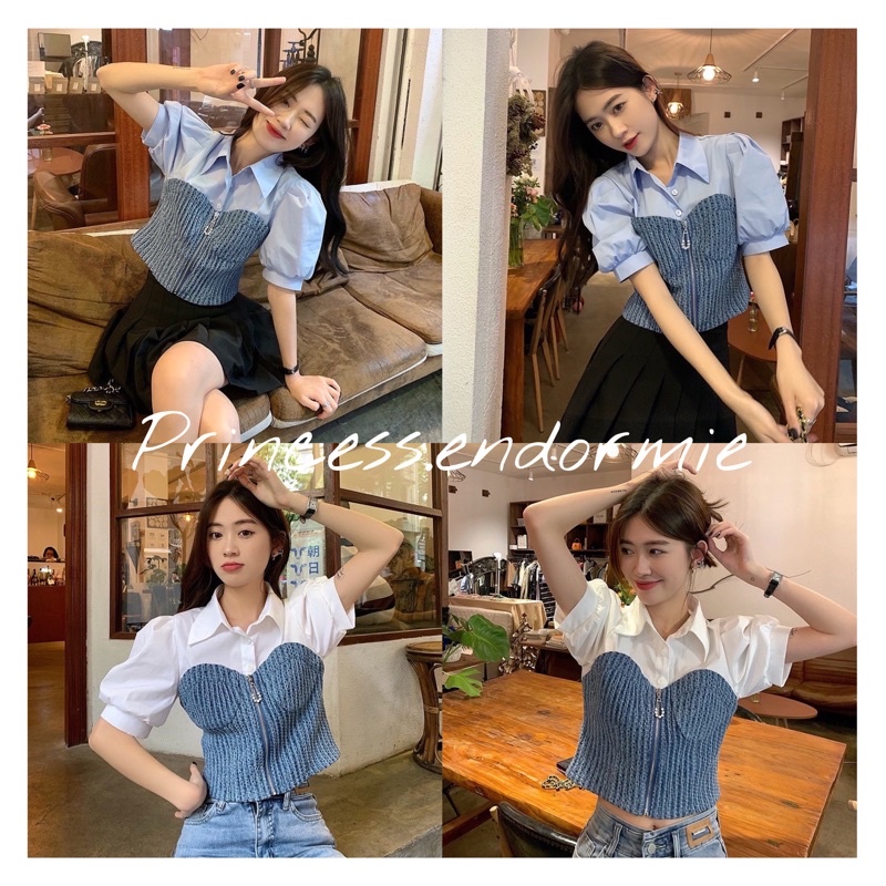 Áo sơmi denim tay ngắn phong cách thời trang hàn quốc
