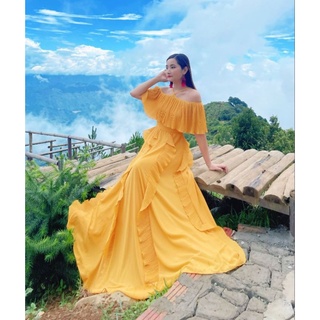Đầm 2 dây rớt vai, váy maxi vàng/ hoa cổ yếm phối bèo dập ly HOANGYEN