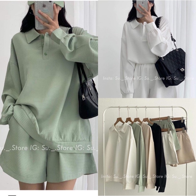 Set nỉ xốp áo cổ đức quần sooc đồng màu POLI