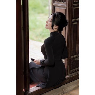 Áo Dài Lụa Đen Trơn 4 Tà Tay Dài May Sẵn