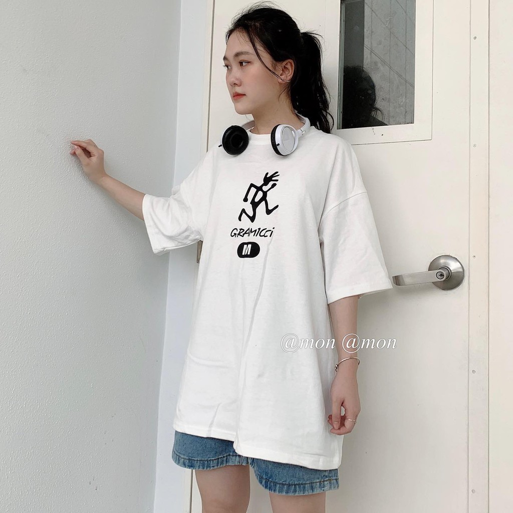 2101168 Áo phông nữ form rộng tay lỡ chất cotton dày hình in người chạy.