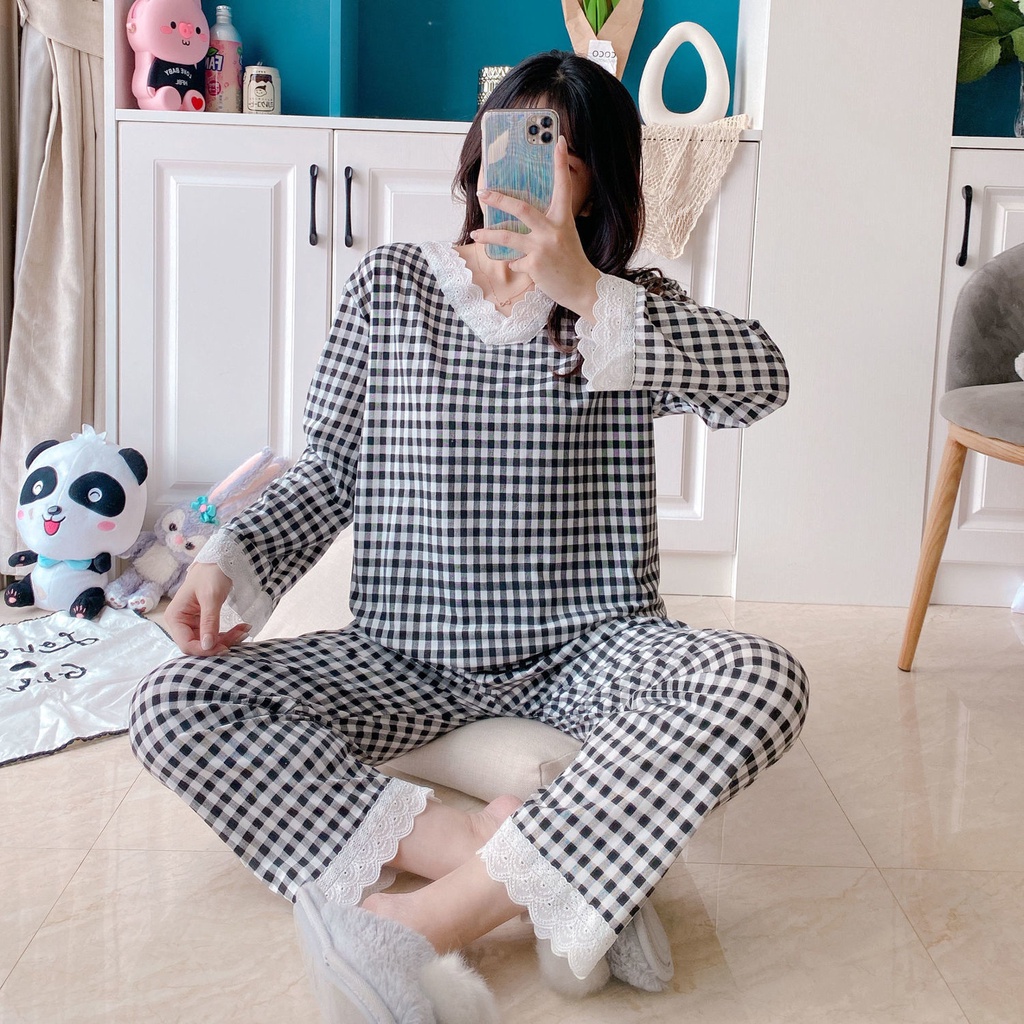 Bộ Đồ Ngủ Dài Tay Họa Tiết Ca Rô Ca Rô Xinh Xắn Theo Phong Cách Hàn Quốc Dành Cho Nữ