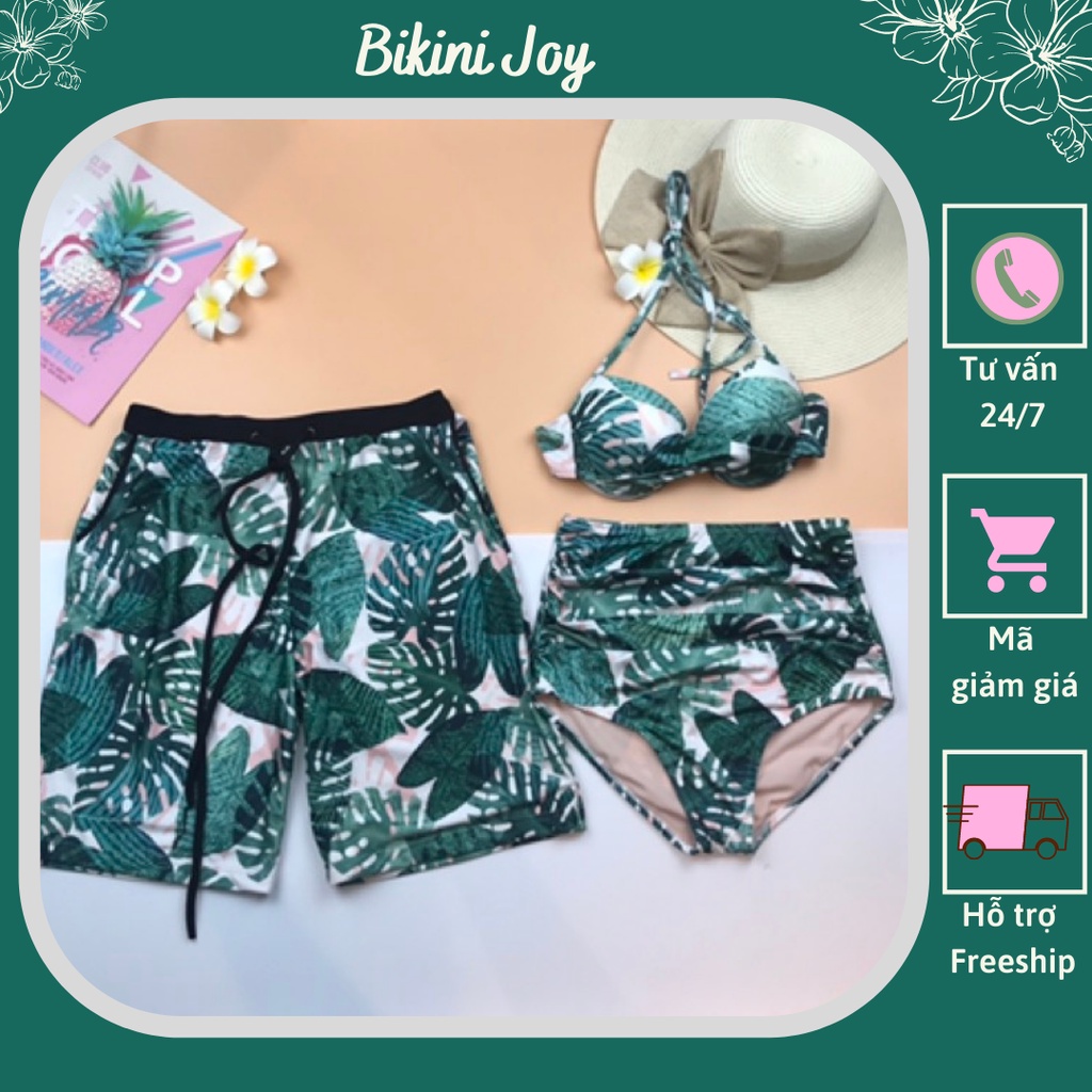 Bikini lưng cao áo crop nâng ngực lá xanh