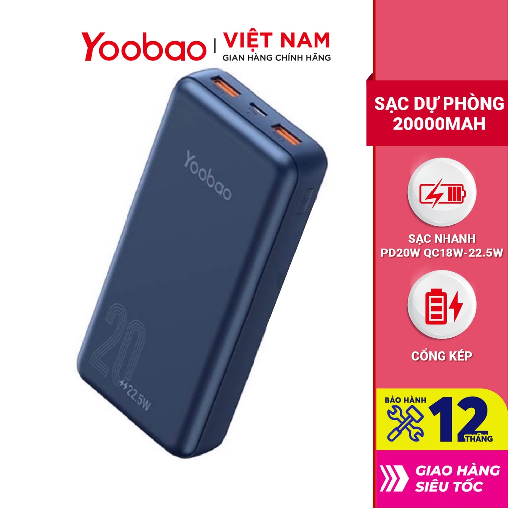 Pin sạc dự phòng 20000mAh D20Q Yoobao PD 20 Sạc nhanh công suất 22,5W- Dùng cho Iphone 11,12, Huawei