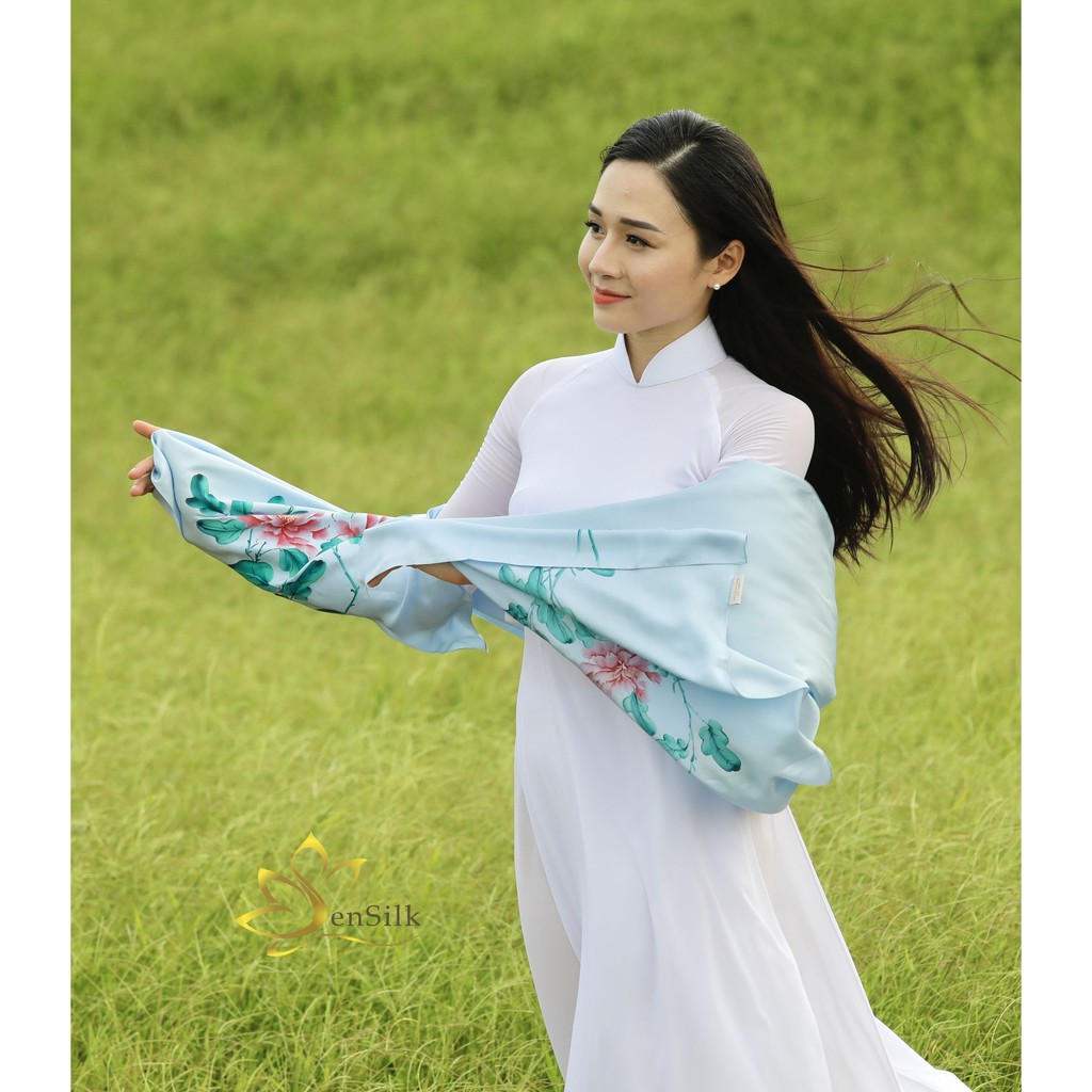 Khăn Lụa Thời Trang Vẽ Tay Hoa Mẫu Đơn SenSilk 180x55cm, Khăn Quấn Cổ Cao Cấp bằng Lụa, Silk Hand Painting Scarf