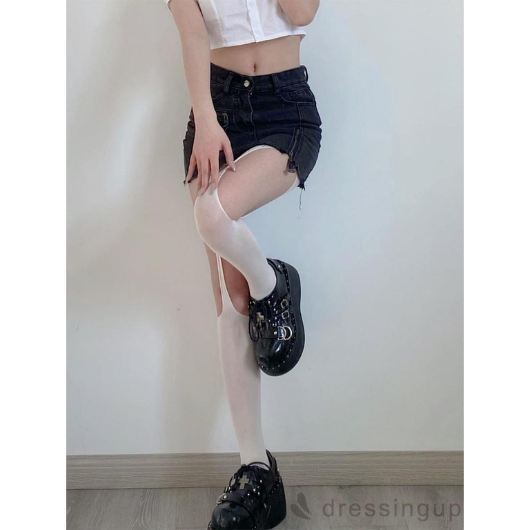 Dre-quần Tất Mỏng Dài Lưng Cao Màu Trơn Khoét Lỗ Không Đối Xứng Cho Nữ