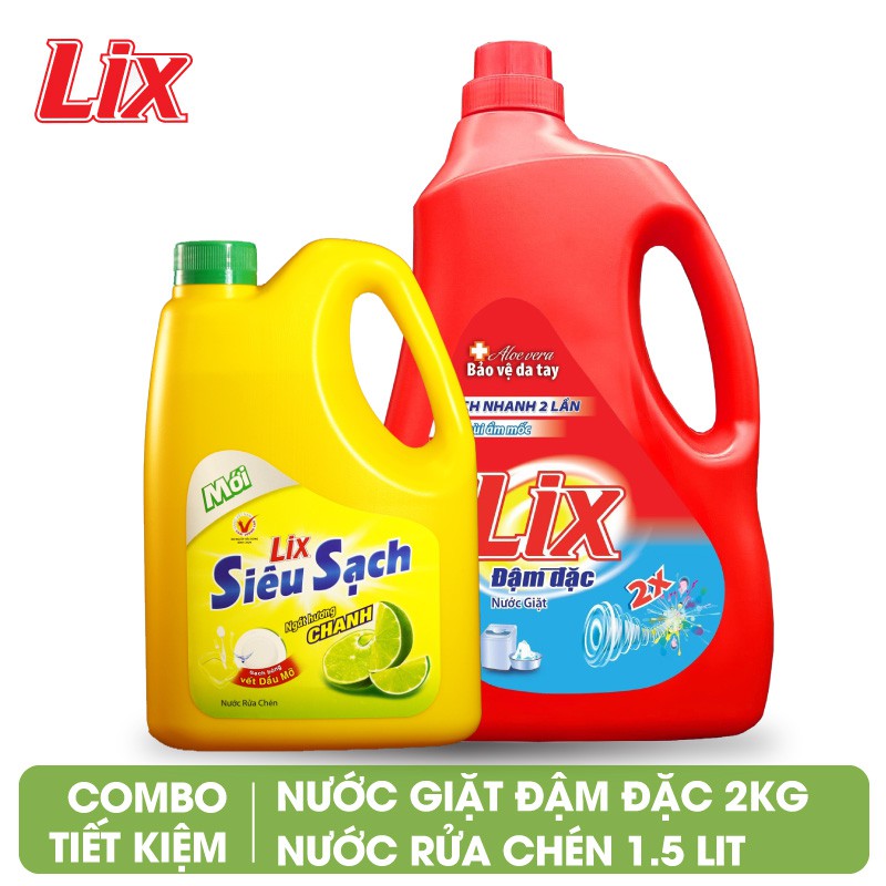 Combo Nước giặt Lix đậm đặc hương hoa 2Kg + Nước rửa chén Lix siêu sạch hương chanh 1.5Kg - NG201 + NS002