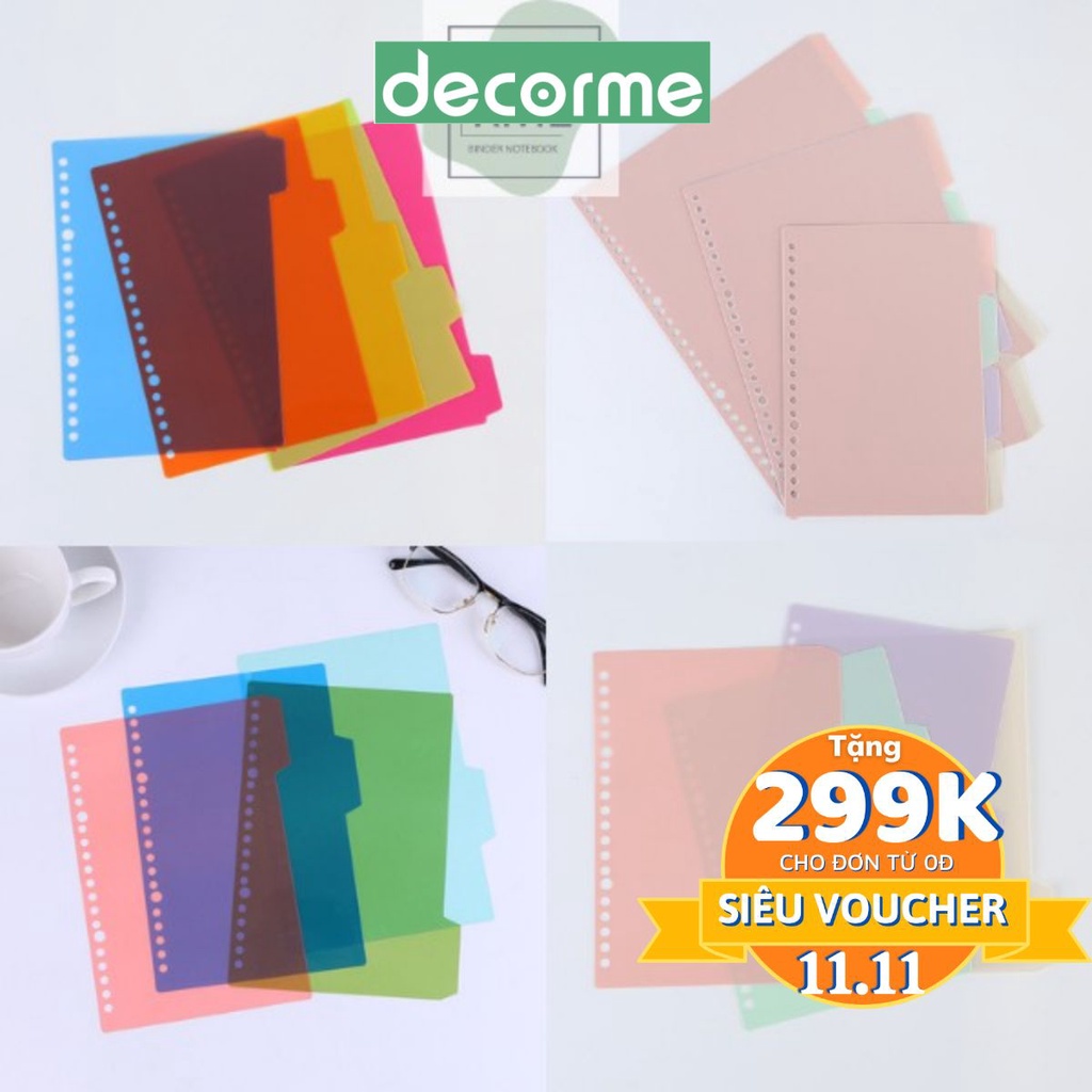 DecorMe Tab phân trang chia trang chỉ mục set 4-5 tờ trơn màu A5 B5 A4 20 26 30 lỗ bìa phân trang sổ còng nhiều màu