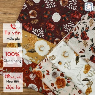 CS22-15 Vải cotton 100% tự nhiên🍒CHUANSHUI🍒 khổ vải 145cm, Vườn hoa nâu  - vải đẹp handmade, quilt, may vá