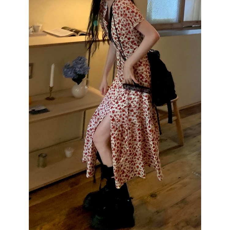 Đầm hoa ZHELIHANGFEI dáng dài cổ chữ v nhấn eo xinh xắn thời trang