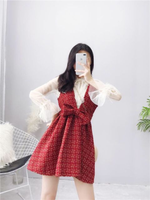 Sét Divi yếm nơ caro đỏ kèm áo voan trắng tay dài xinh xắn DG4563