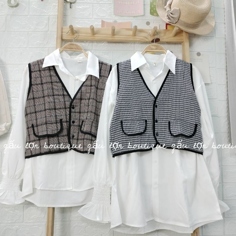 Áo gile dạ hoạ tiết kẻ zíc zắc ảnh thật