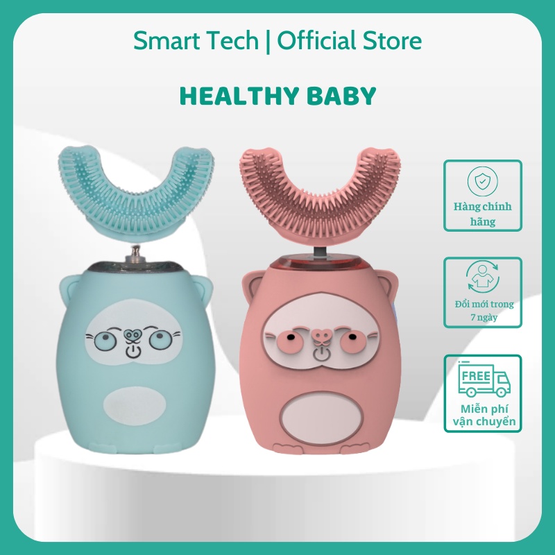 Bàn chải điện cho bé Healthy Baby, bàn chải đánh răng điện chữ U silicon cao cấp cho bé từ 2 tuổi, bảo hành 6 tháng