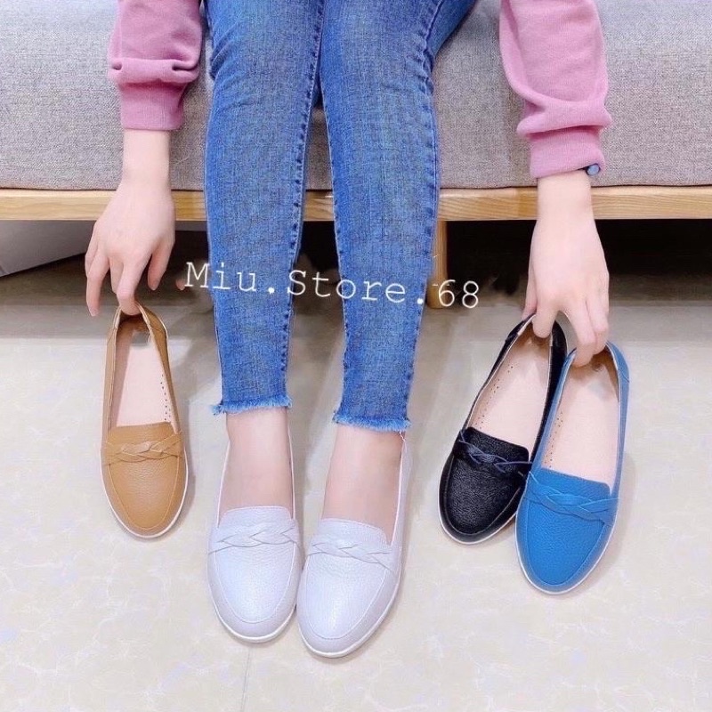 Giày slip on DA THẬT đế bánh mì VNXK, Giày lười đế bằng lót mút êm chân dễ phối đồ nữ, hàng Xuất xịn