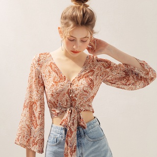 Áo croptop thổ cẩm cổ V thắt nơ eo nữ Air Space 2010121061