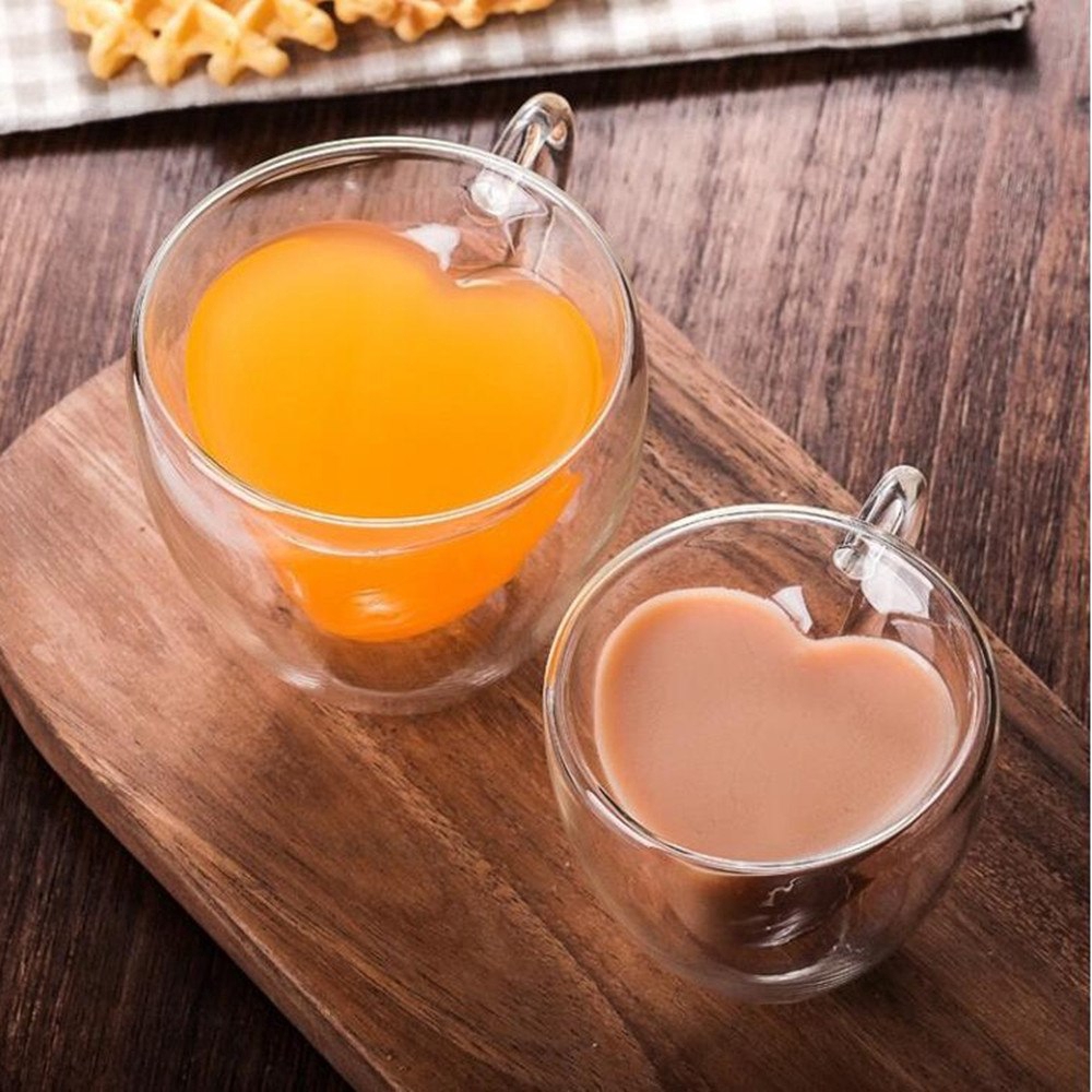 Ly uống trà Ly trà hai lớp Tách trà chịu nhiệt Sáng tạo hình trái tim Nước ép thủy tinh kép Cốc cà phê sữa