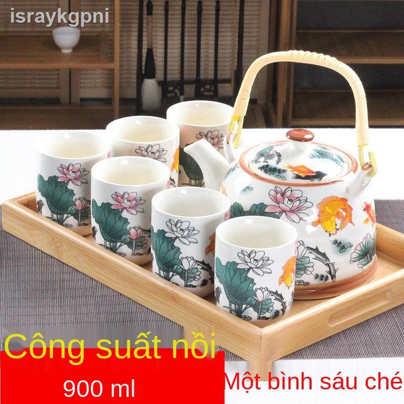 Bộ ấm trà tay cầm lớn trong gia đình gốm sứ cổ kính màu xanh và trắng khay bán buôn