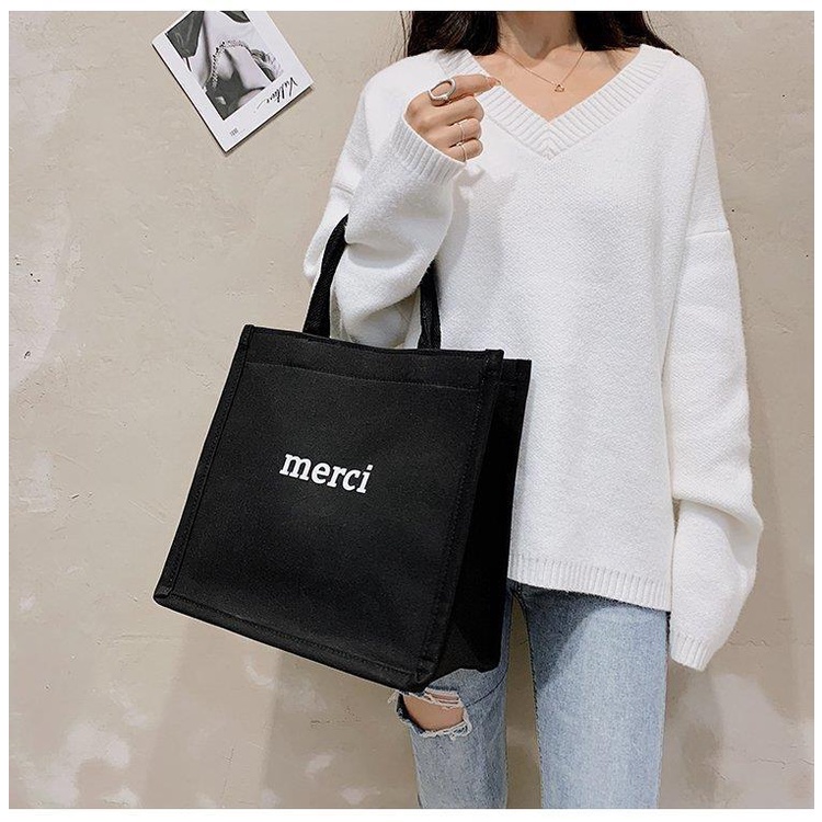 Túi vải canvas in chữ Merci phong cách Hàn Quốc