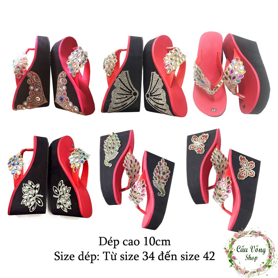 Dép kẹp chim công dán gót cao 10cm Màu đỏ - Cầu Vồng Shop - Bảo hành 12 tháng