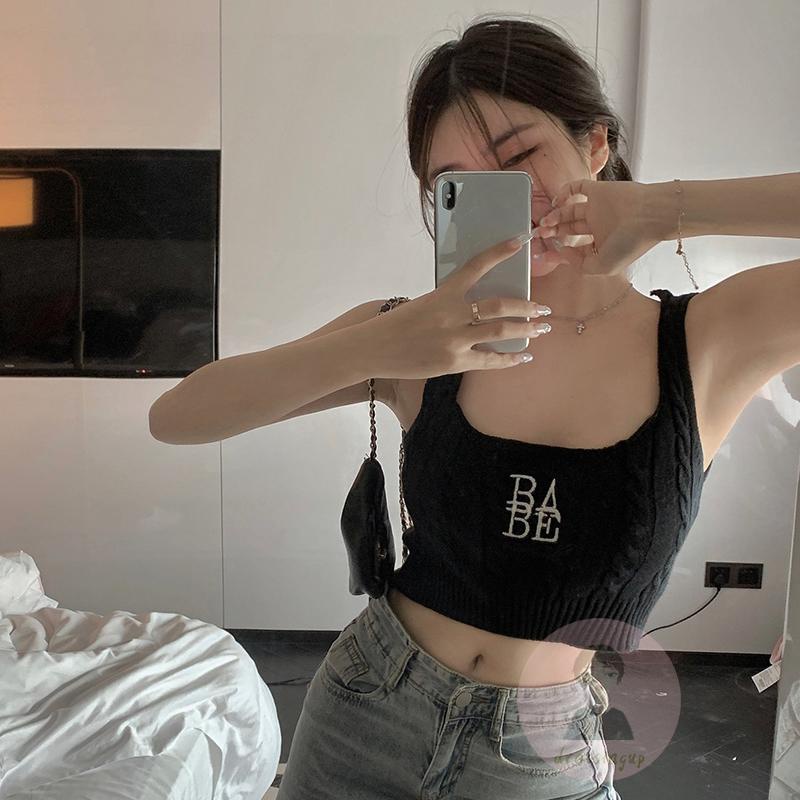 Áo Tank Top Nữ Cổ Chữ U Thêu Chữ Màu Xanh Lá / Trắng / Đỏ / Đen