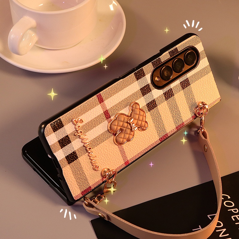 Bao Da Điện Thoại Họa Tiết Kẻ Ô Kèm Dây Đeo Tay Cho samsung galaxy z fold 5 4 3 2 5g Ốp