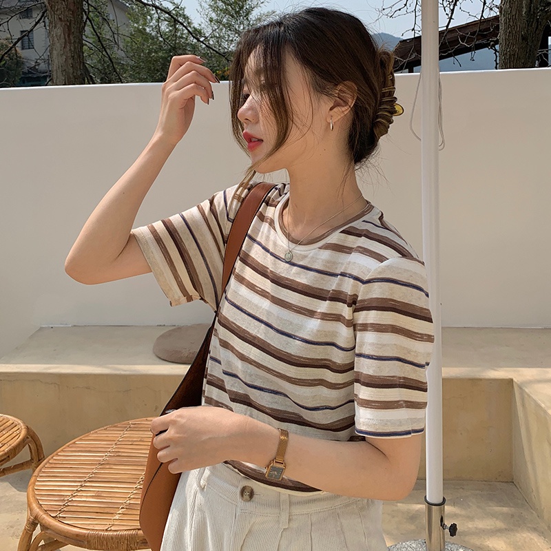 Áo thun SUXI tay ngắn cổ tròn họa tiết kẻ sọc thời trang mùa hè dành cho nữ