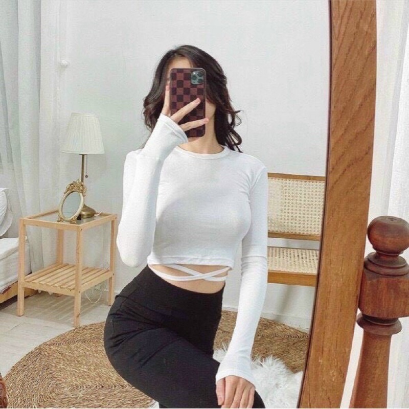 ÁO THUN CROPTOP DÀI TAY CỘT DÂY EO, BUỘC EO Mitshop2222
