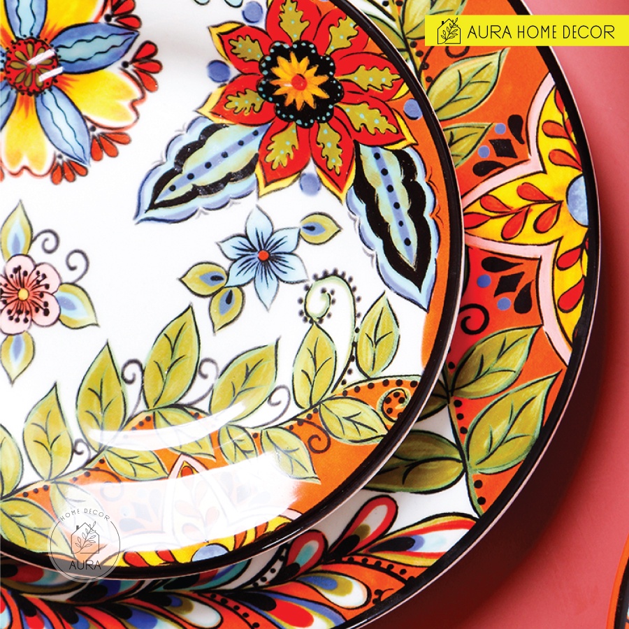 Bộ bát đĩa OMK họa tiết hoa lá mùa hè nền cam rực rỡ - Gốm sứ cao cấp an toàn sức khỏe