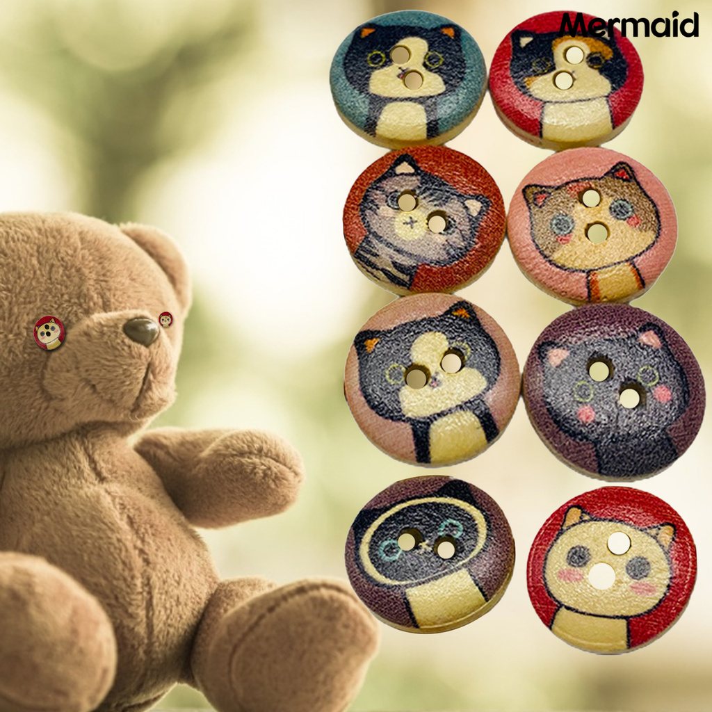 MM 100Pcs Cartoon Kitty Print Wood Buttons DIY Sewing Shirt Scrapbook Bags Decor