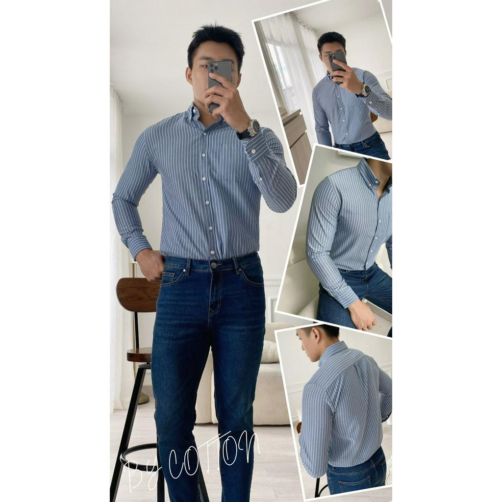 Áo Sơ Mi Nam Dài Tay Xám Tro Phối Sọc BY COTTON Ash Stripes Oxford