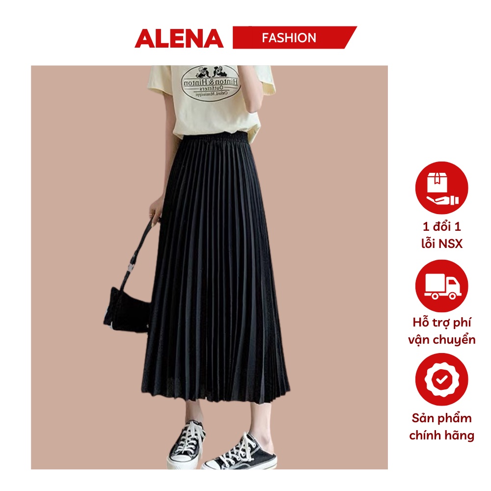Chân váy nữ xếp ly dáng dài ALENA màu đen cạp thun basic công sở đi chơi đi biển freesize, đầm nữ cô