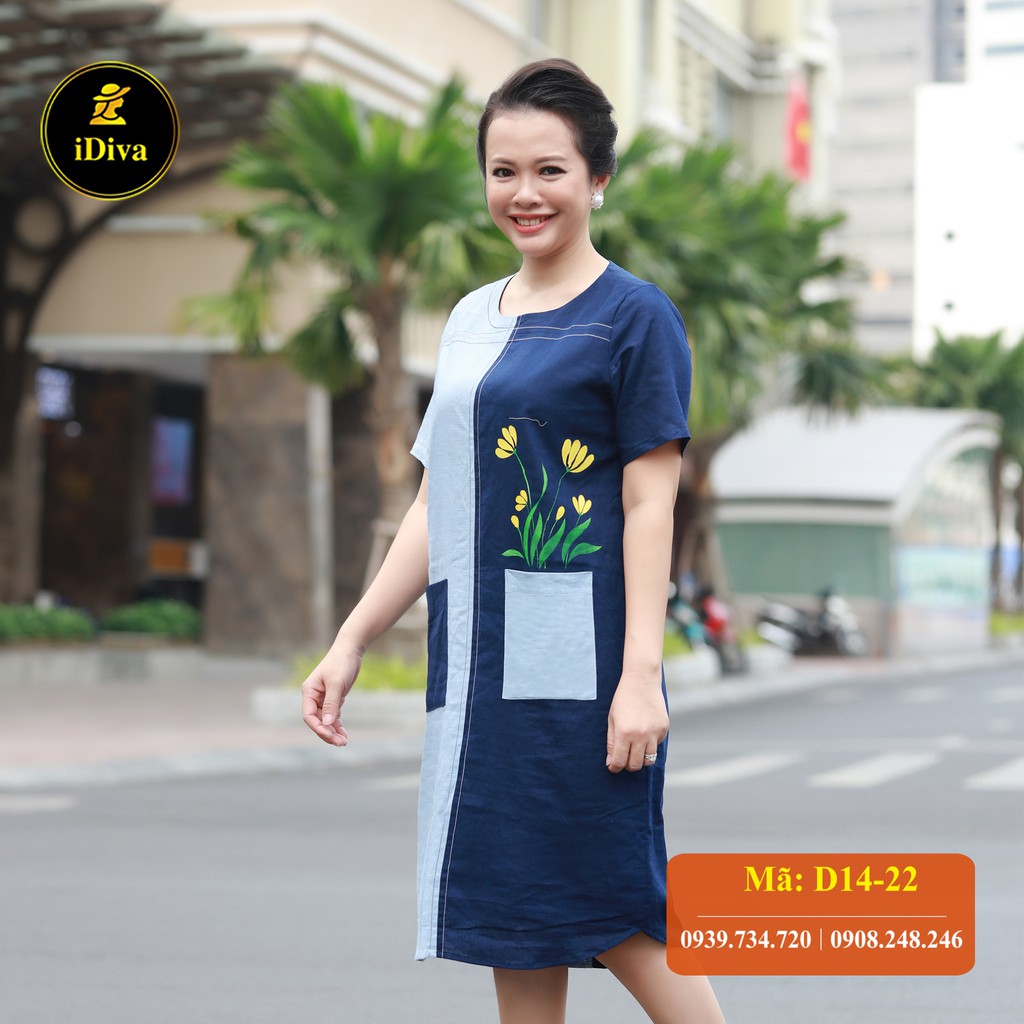 Đầm suông trung niên Cao Cấp iDiva D14-22 chất liệu Linen cao cấp mềm, hoa vẽ ,bigsize phù hợp u50 dự tiệc & dạo phố