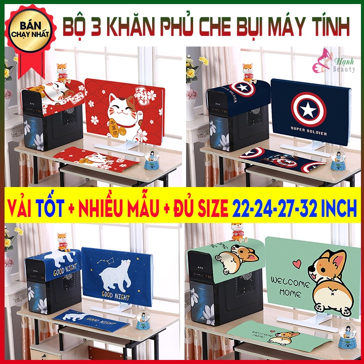 Bộ 3 khăn phủ máy tính để bàn tấm che bụi màn hình bàn phím vải tốt đủ size 22, 24, 27, 32 inch
