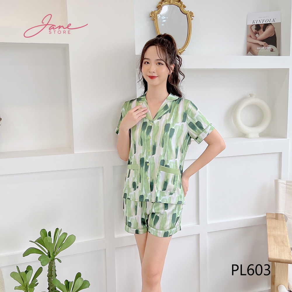 Đồ bộ Pijama lụa Pháp cao cấp Đồ ngủ pijama áo cộc quần cộc họa tiết sang chảnh Jane mã PL60