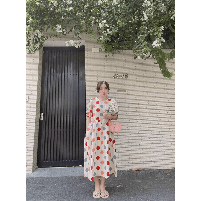 Đầm tiểu thư dáng suông dài đi biển, đầm babydoll chấm bi cổ tròn, tay búp, đầm maxi bi đỏ xoè bán