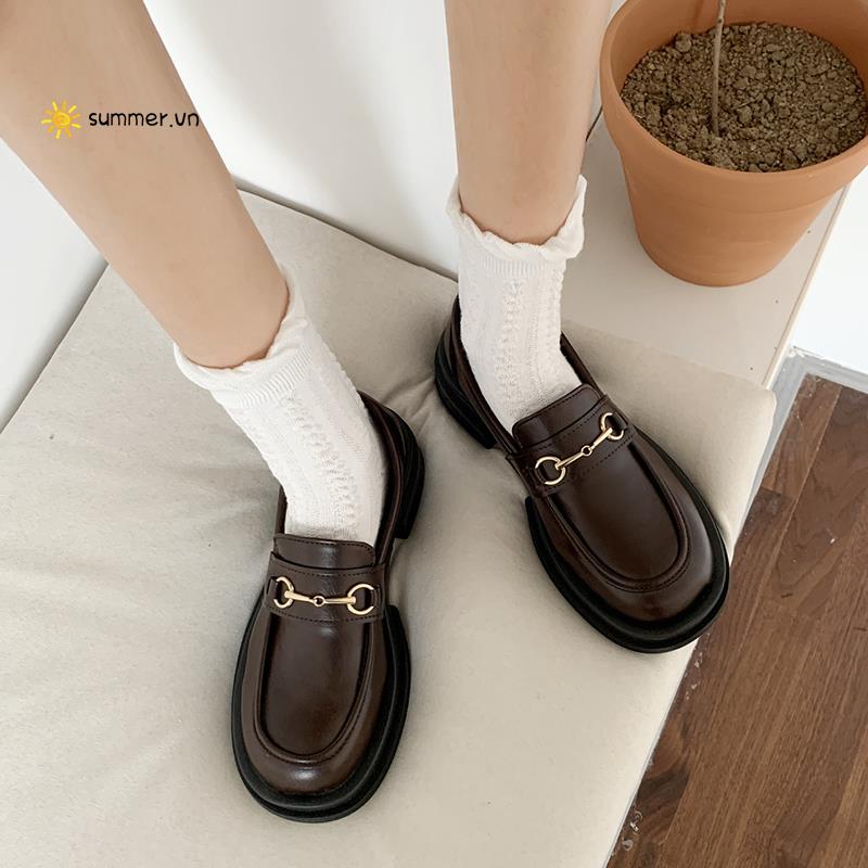 Giày Lười Da Mũi Tròn Màu Đen Phong Cách Anh Quốc Thời Trang Thu Đông 2022 Cho Nữ