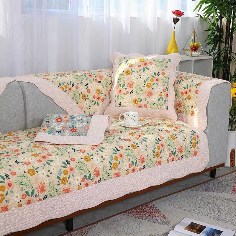 Thảm trang trí sofa, đặt may, thảm đa năng, 100% cotton, Hoa cỏ mùa xuân