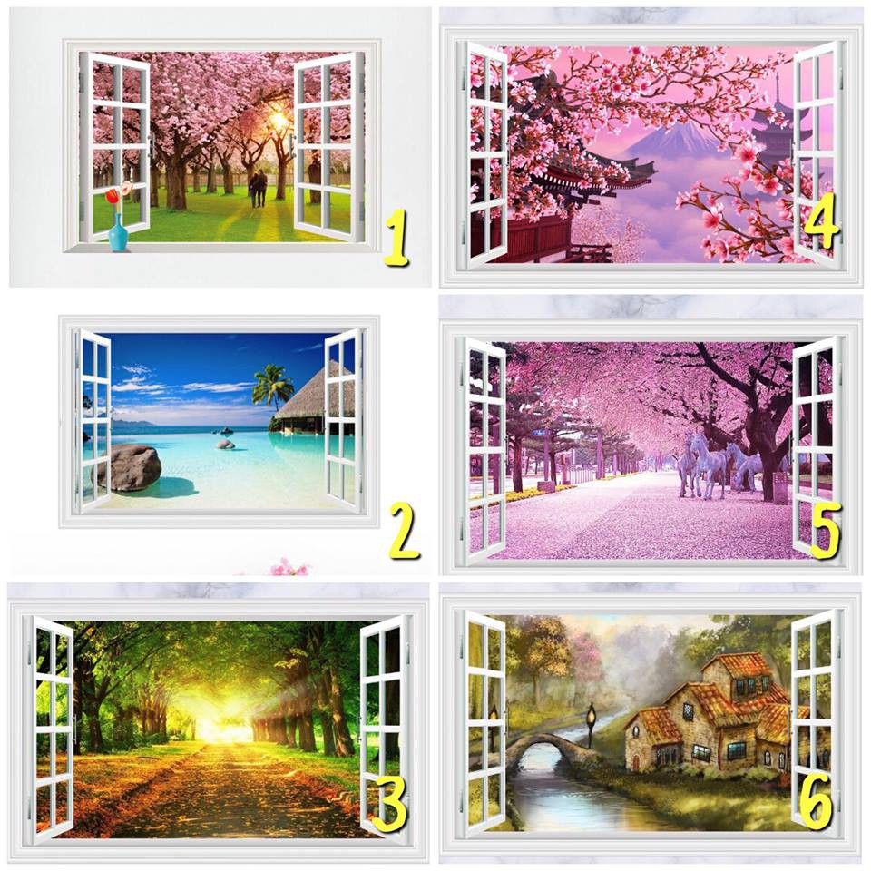 Decal trang trí tường khung cửa sổ 3D phong cảnh