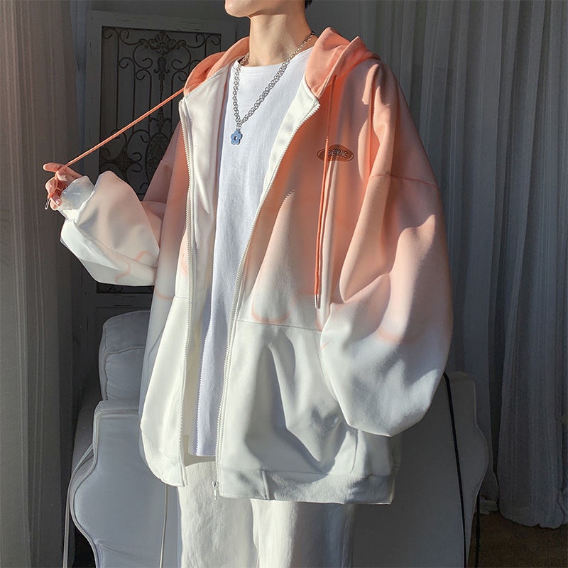 Áo khoác có mũ trùm đầu nhuộm cà vạt màu trắng Gradient thời trang Hàn Quốc jacket nam vải thoải mái ulzzang