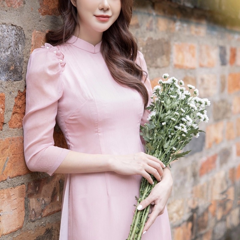 Áo Dài Cách Tân Vai Bèo Von Tơ Mềm_ Áo Dài May Sẵn 2 Màu Xanh và Hồng