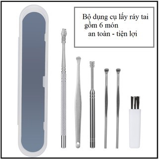 D900 Bộ Dụng Cụ Ngoáy Tai Inox 6 Món-Bộ Lấy Ráy Tai Thép Không Rỉ 6 Món