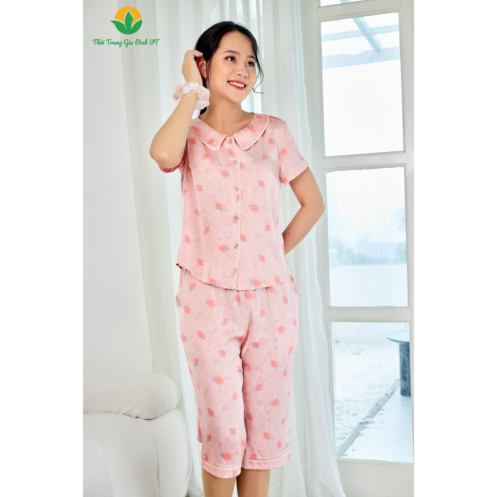 Bộ pijama lụa quần lửng áo cộc tay Việt Thắng nữ họa tiết - B46.2206