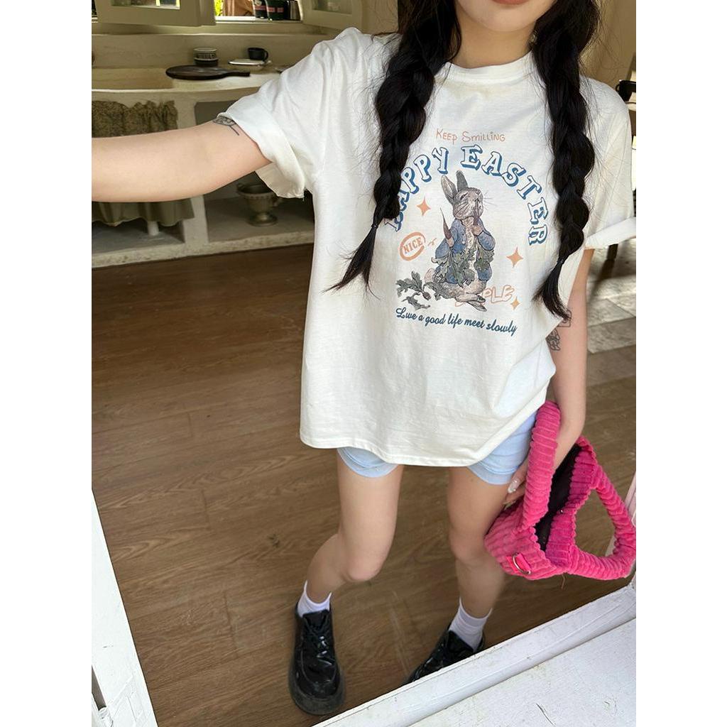 Áo Thun Cotton Dáng Rộng Ngắn Tay In Hoạt Hình Thời Trang Mùa Hè Cá Tính 6308