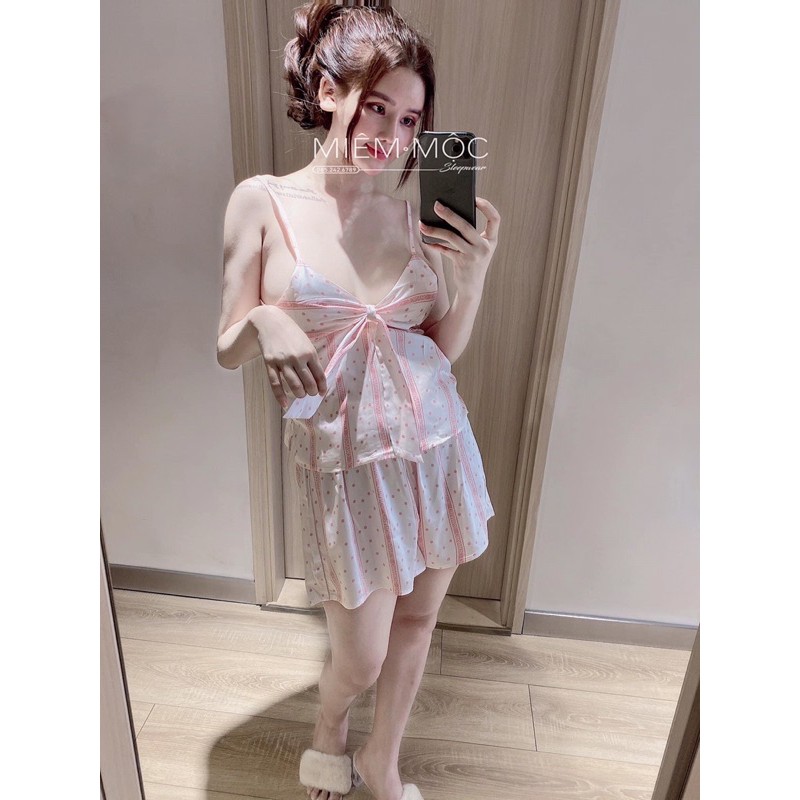 Set hai dây cột nơ áo tầng, quần đùi lụa satin cao cấp quảng châu