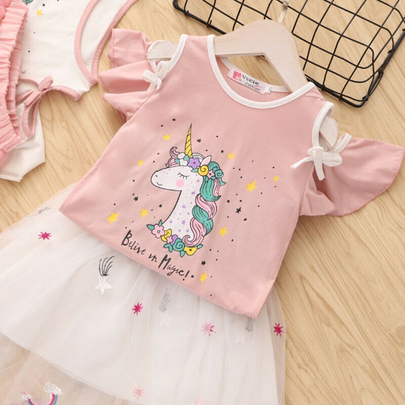 Set áo tay ngắn + chân váy hoạ tiết kỳ lân đáng yêu cho bé